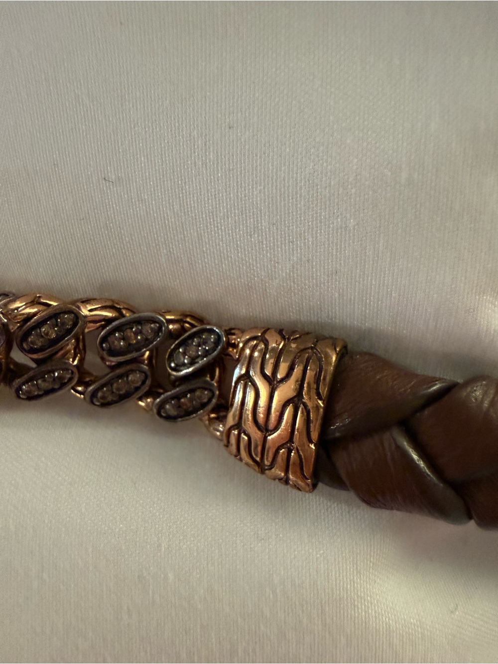 John Hardy Woven Leather Bracelet with Rose Gold and Diamonds - Picture 6 of 8
